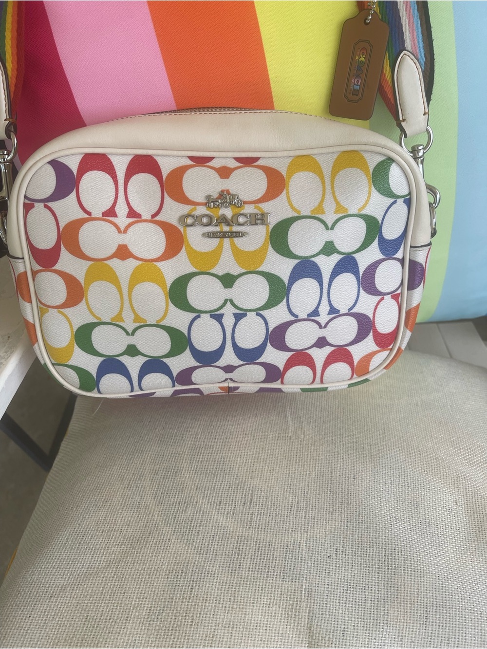 COACH Rainbow Signature Camera Crossbody in Multi on White